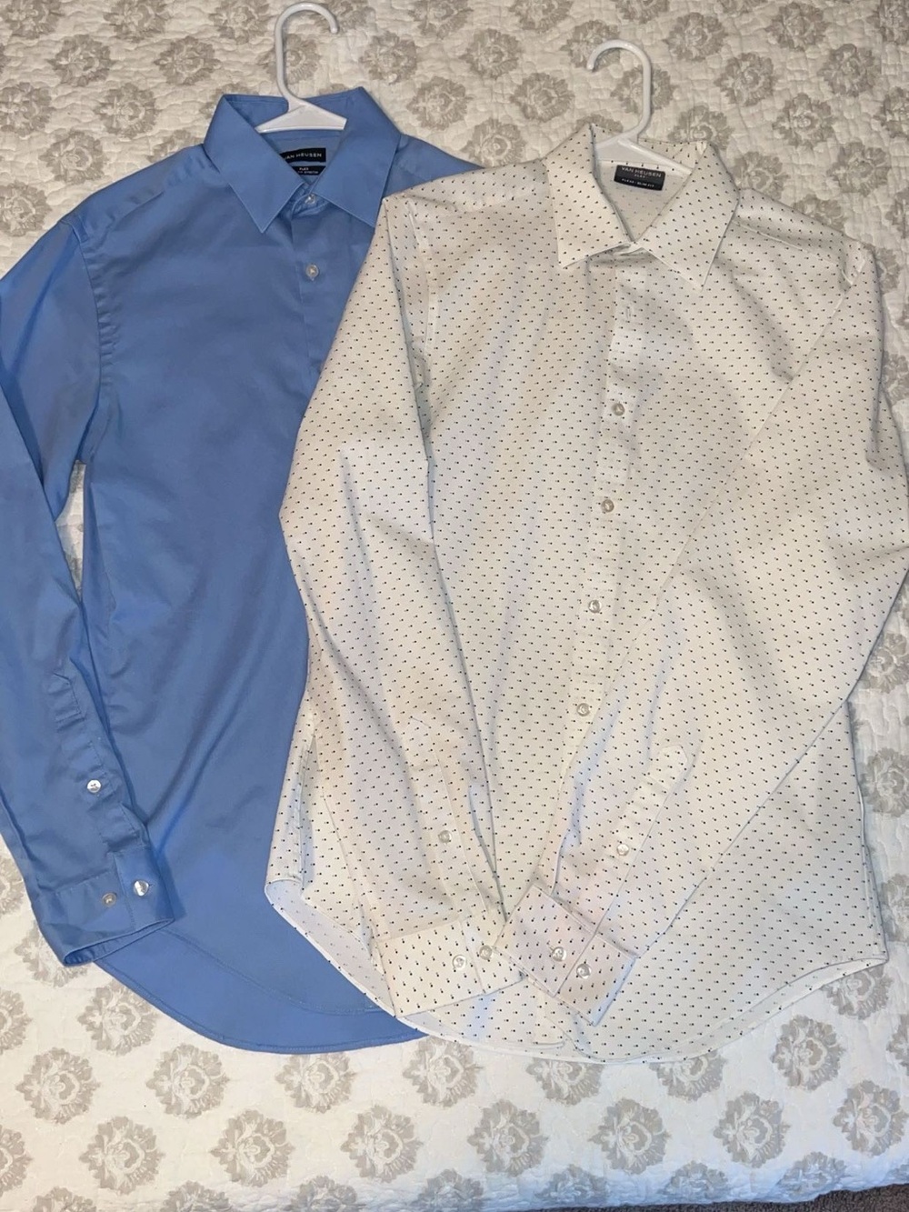 Two Small Men's Classic Shirt’s: Blue Dress Shirt and White Design Dress Shirt